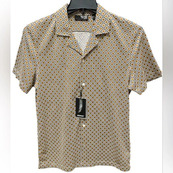 Murano Liquid Luxury Slim Fit Notch Collar Button-Up Shirt Brown/White Size M - Picture 1 of 12
